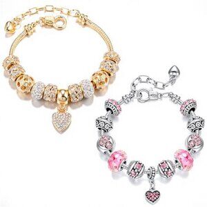 Pink Gold Heart Charm Bracelet Set Crystal Beads Snake Chain Adjustable Jewelry